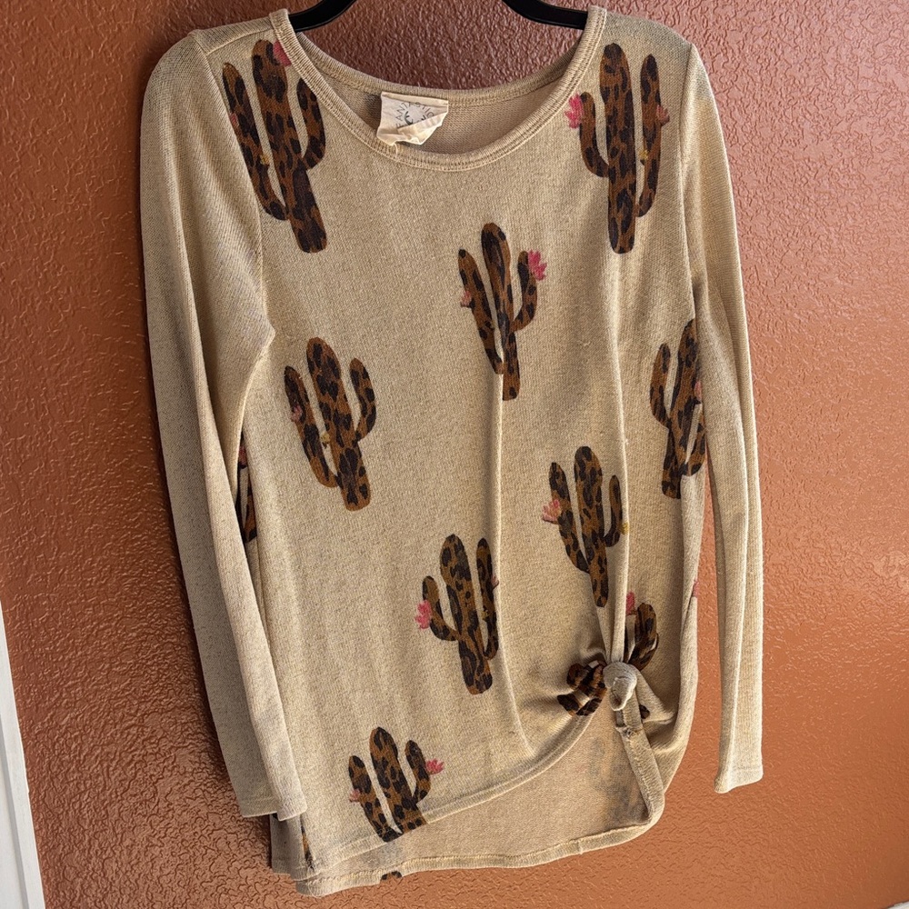 Fantastic Fawn Beige Cactus Print Long Sleeve Top with Side Knot